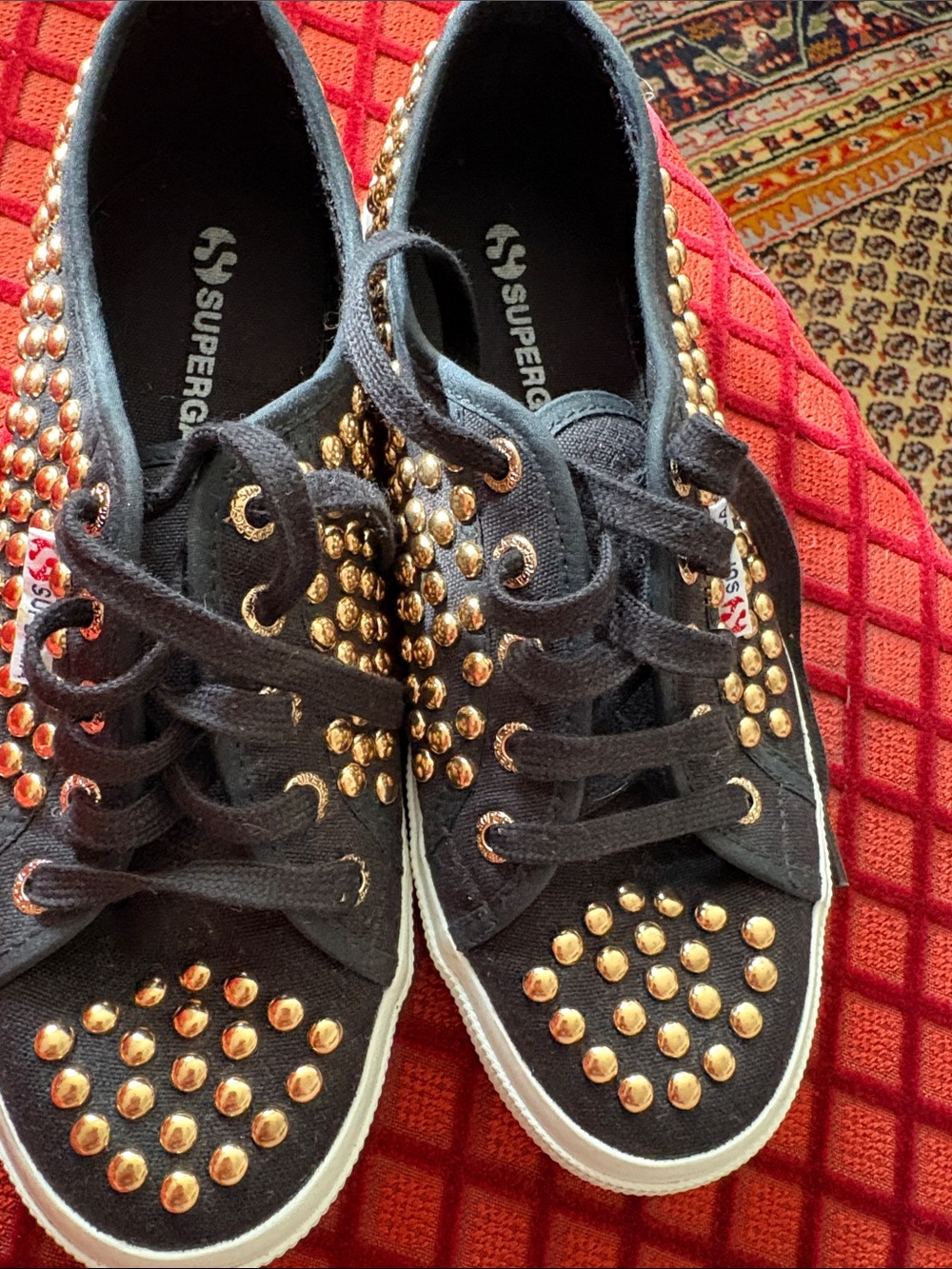 Superga Black Canvas Sneakers with Gold Studs - Picture 2 of 6